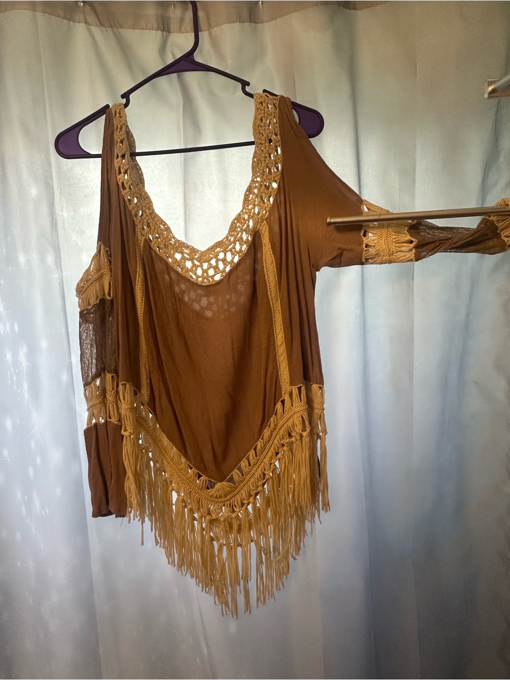 Fringed Crochet-Trim Cold Shoulder Crop Top - Brown